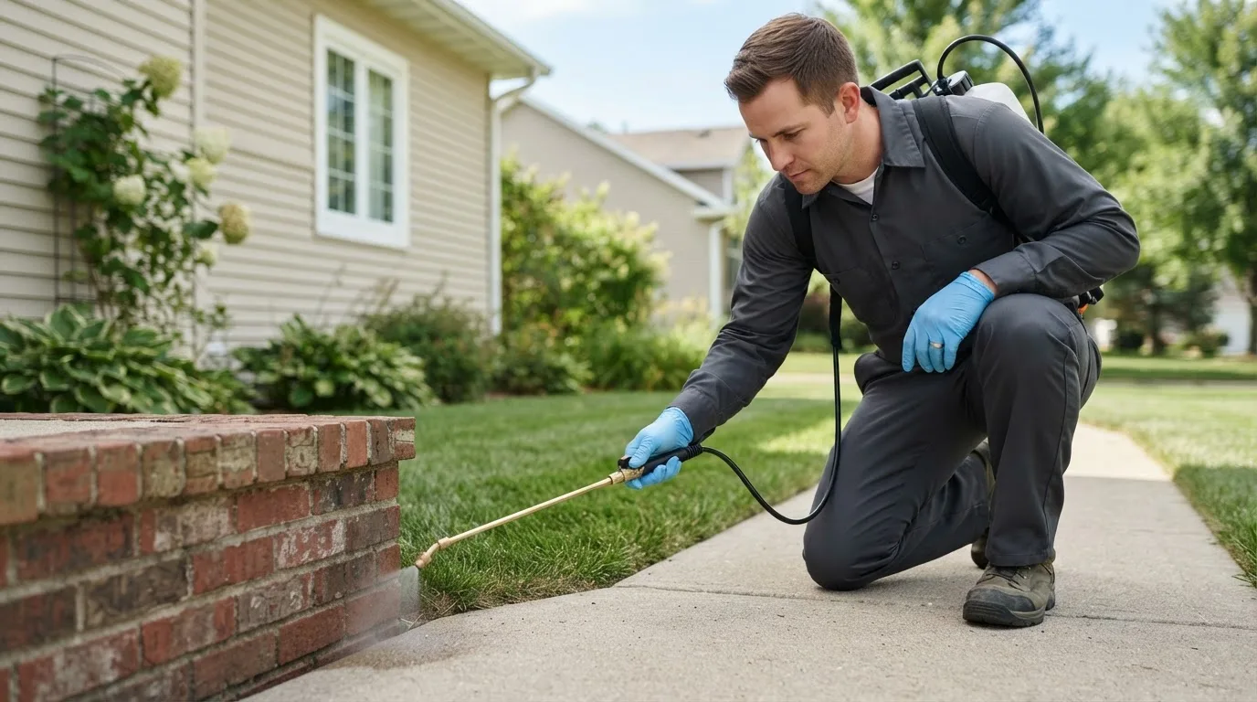 Pest control technician treating a home near Ramona, KS